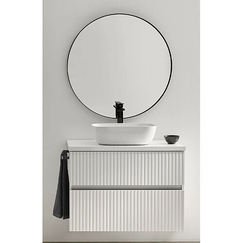 Pegane Meuble de salle de bain avec 2 tiroirs suspendus avec plan laqué Blanc brillant + vasque à poser + miroir - Longueur 60 x Hauteur 56 x Profondeur 46,5 cm