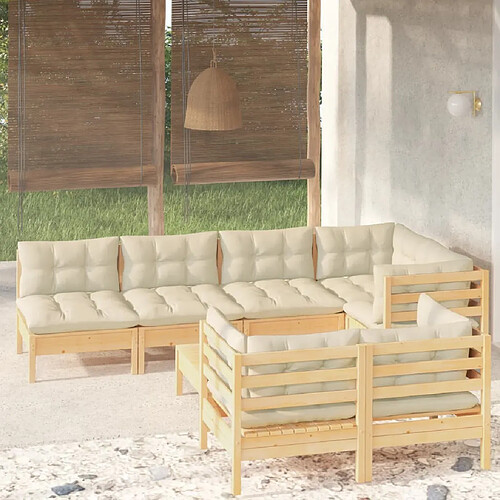 vidaXL Salon de jardin 8 pcs avec coussins crème Bois de pin massif