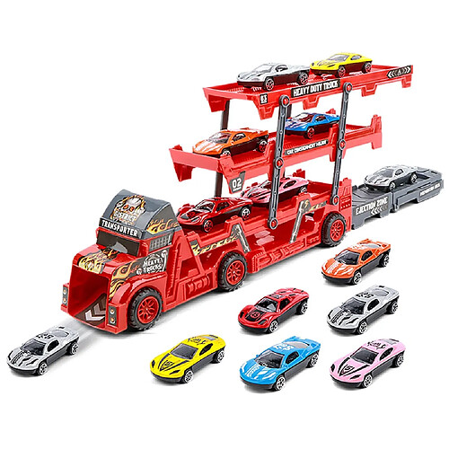 Universal Jeu de voiture d'intérieur pour les enfants, les garçons, trois étages, camion pliant, remorque, tir dans le train avec des mini-voitures, jouets, cadeaux de Noël pour les enfants.(Rouge)