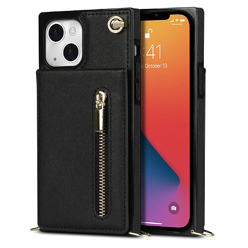 Coque en TPU + PU anti-rayures avec béquille, porte-cartes et lanière noir pour votre iPhone 13 mini 5.4 pouces