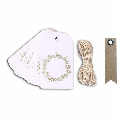 Youdoit 20 étiquettes blanches 8 cm Couronne de fleurs dorée & ficelle + 20 étiquettes kraft Fanion