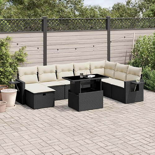 vidaXL Salon de jardin 9 pcs avec coussins noir résine tressée