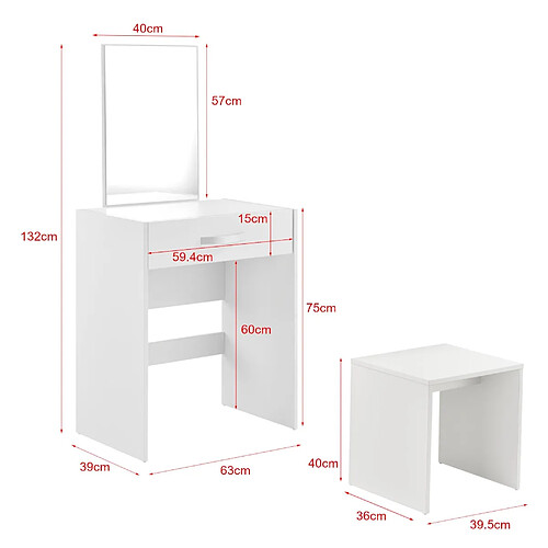 Helloshop26 Coiffeuse avec miroir tiroir tabouret commode de coiffure 132 cm blanc 03_0005019