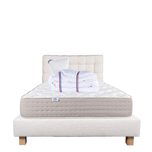 LUXURY LITERIE Ensemble matelas Dreamlux 90x190 cm + sommier beige ep20cm + oreiller + couette + Tête de Lit