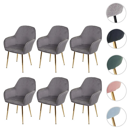 Mendler Lot de 6 chaises de salle à manger HWC-F18, chaise de cuisine, design rétro ~ velours gris, pieds dorés