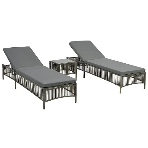 Helloshop26 Lot de 2 transats chaise longue bain de soleil lit de jardin terrasse meuble d'extérieur avec table résine tressée gris 02_0012126