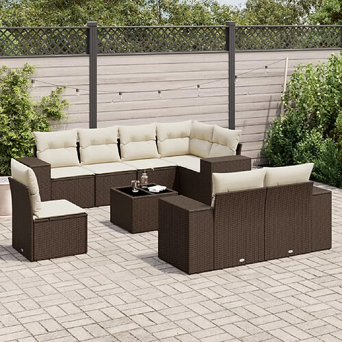 vidaXL Salon de jardin avec coussins 9 pcs marron résine tressée