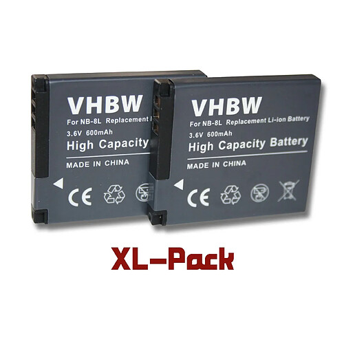 Vhbw 2 x batteries Li-Ion 600mAh (3.6 V) pour Canon Powershot Serie, par exemple: A2200, A3000, A3100, A3200, A3350. Remplace: NB-8L.