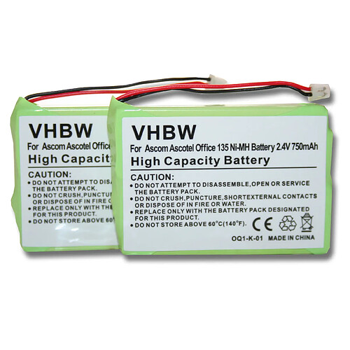 vhbw set de 2 batteries 750mAh pour téléphone fixe sans fil Ascom Ascotel Office 135, Office 135pro, DeTeWe Aastra remplace 2010