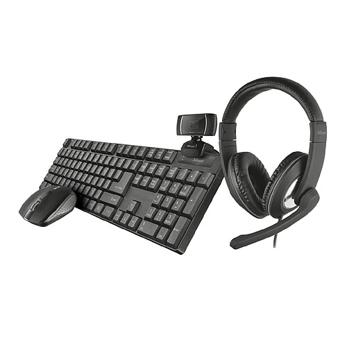 Trust Pack 4 en 1 pour Bureau avec Clavier, Souris, Casque et Webcam Noir