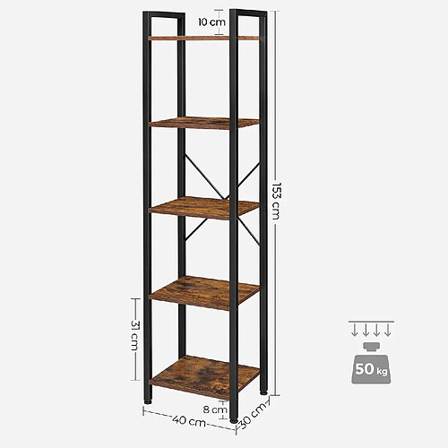 Helloshop26 Étagère à 5 niveaux bibliothèque meuble de rangement avec structure en acier pour salon bureau entrée style industriel marron 153 cm rustique et noir 12_0002794