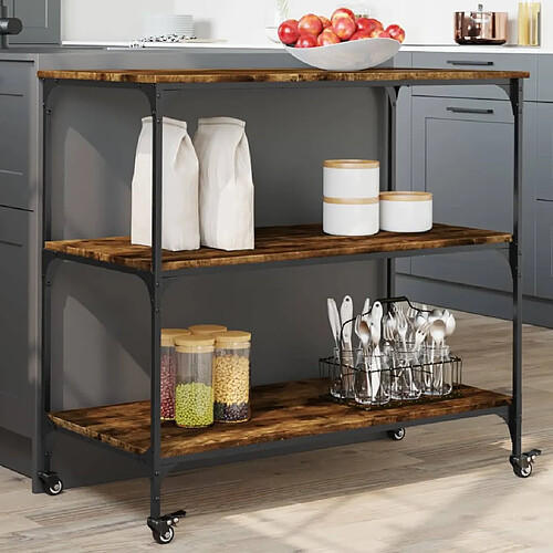 Maison Chic Desserte de cuisine | Chariot de cuisine | Meuble de rangement roulant chêne fumé 102x50x95 cm bois d'ingénierie -GKD50994