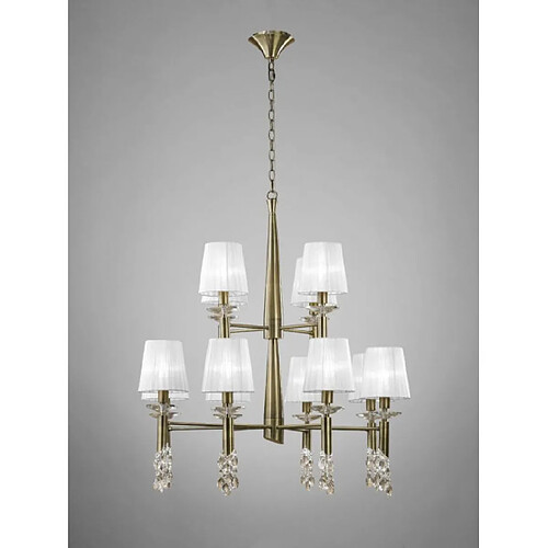 Luminaire Center Suspension Tiffany 2 Tier 12+12 Ampoules E14+G9, laiton antique avec Abat jour blancs & cristal transaparent