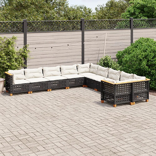 vidaXL Salon de jardin 10 pcs avec coussins noir résine tressée