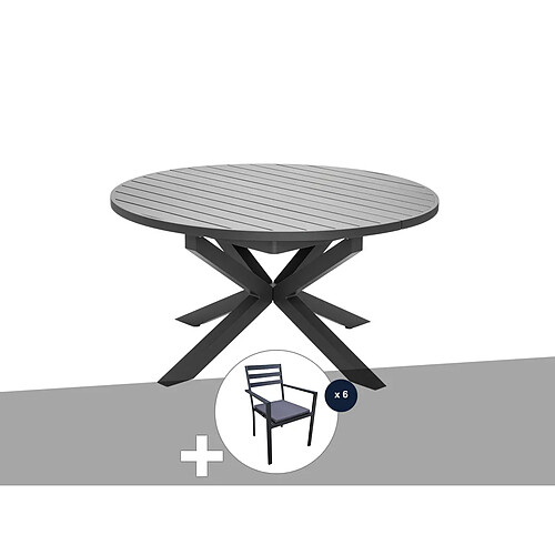 Table de jardin ronde en aluminium gris avec allonge papillon Palma avec 6 chaises Minorca - Jardiline