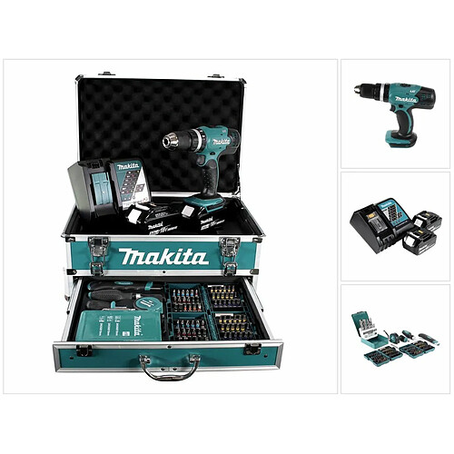 Makita DHP 453 RFX2 Perceuse-visseuse à percussion sans fil 18V 42Nm + 2x Batteries 3,0Ah + Chargeur + 96 Pièces de Foret. Bit + Coffre de transport