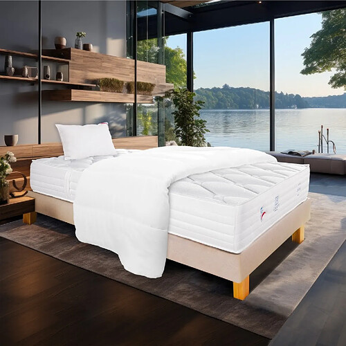 LUXURY LITERIE Ensemble Matelas Patriote Mousse, 27 cm, mousses haute densité , ferme, face été/hiver+sommier beige ep20cm+oreiller+couette, 90x190cm