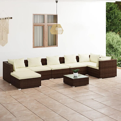 vidaXL Salon de jardin 8 pcs avec coussins Résine tressée Marron