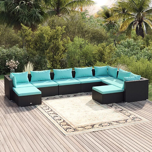 vidaXL Salon de jardin 9 pcs avec coussins Résine tressée Noir