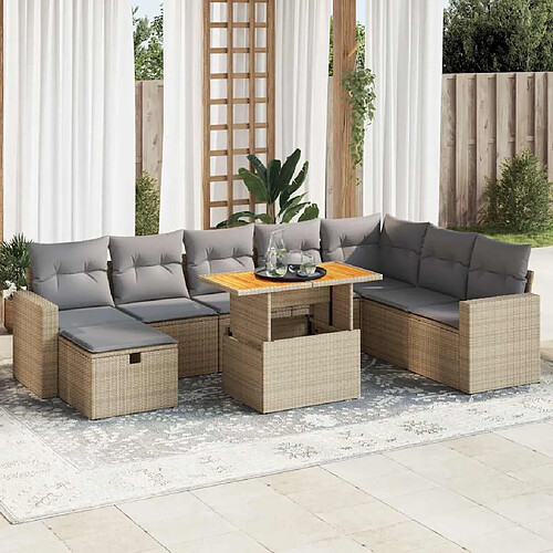 vidaXL Salon de jardin avec coussins 9 pcs beige résine tressée acacia