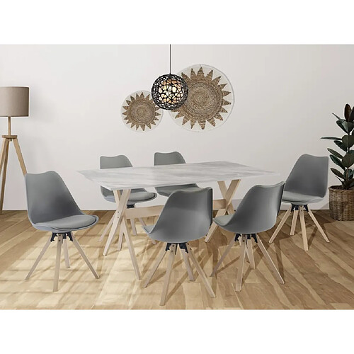 Vente-Unique Table à manger 6 personnes en MDF et hêtre - Blanc et naturel clair - SERANI