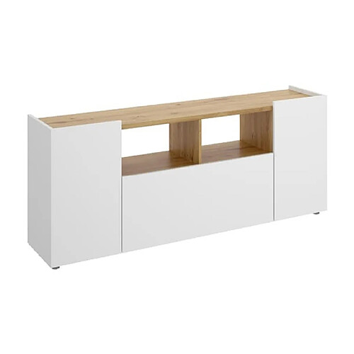 Pegane Meuble TV en panneaux de particules mélaminés coloris chêne/blanc - Longueur 141.7 x Profondeur 34.7 x Hauteur 43.8 cm