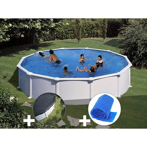 Kit piscine acier blanc Gré Atlantis ronde 5,70 x 1,32 m + Bâche hiver + Bâche à bulles