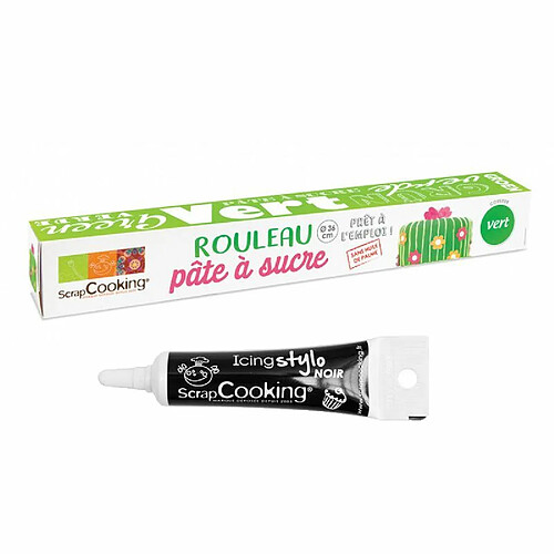 Scrapcooking Pâte à sucre en rouleau vert Ø 36 cm + Stylo de glaçage noir