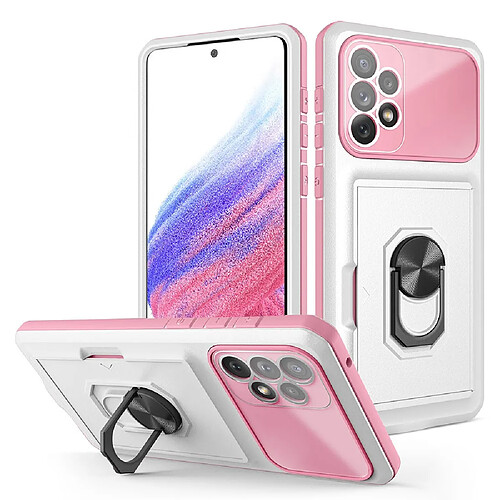 Coque en TPU + acrylique antichoc avec béquille en anneau et porte-carte blanc/rose pour votre Samsung Galaxy A53 5G