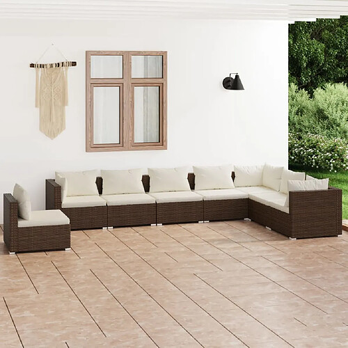 vidaXL Salon de jardin 8 pcs avec coussins Résine tressée Marron