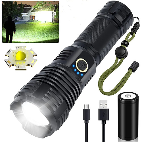 BESTA Lampes de poche LED rechargeables à haute lumens, 90 000 lumens, lampes de poche tactiques super lumineuses, Xhp70.2 Zoomable étanche Flash Light 5 modes pour camping, randonnée, extérieur, urgence (avec batterie 26650)