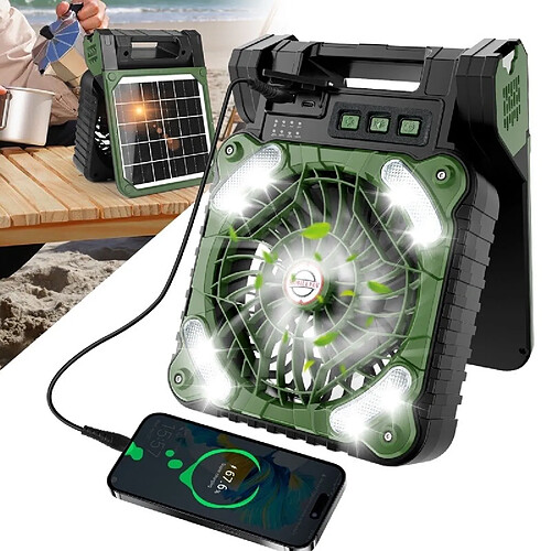 (vert) Ventilateur de Camping Solaire Ventilateur Solaire Rechargeable Portable 10000mAh avec Lumières LED Ventilateur de Tente Extérieure Pliable