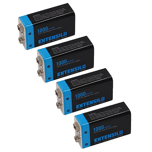 Vhbw EXTENSILO 4x Piles bloc batterie 9V pour divers appareils (1000mAh, 9V, Li-ion), prête à l'emploi, avec port micro-USB