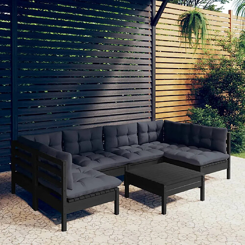 vidaXL Salon de jardin 7 pcs avec coussins Noir Bois de pin massif