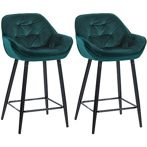 Decoshop26 Lot de 2 tabourets de bar chaises hautes assise effet capitonnée en velours vert foncé et métal noir 10_0004153