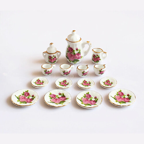 15Pieces 1/12 Dollhouse Miniature Dining Ware Set De Thé En Porcelaine à Fleurs Roses