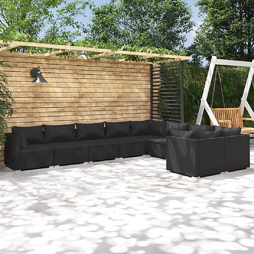 vidaXL Salon de jardin 9 pcs avec coussins Résine tressée Noir