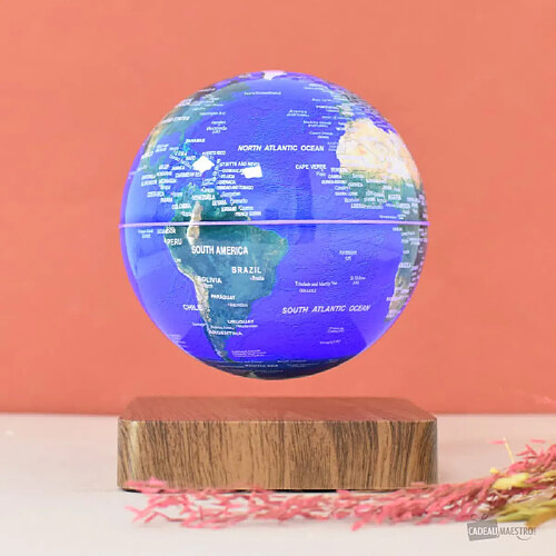 Magneticland Globe TERRE lumineux en lévitation GM sur base bois GEOLITE