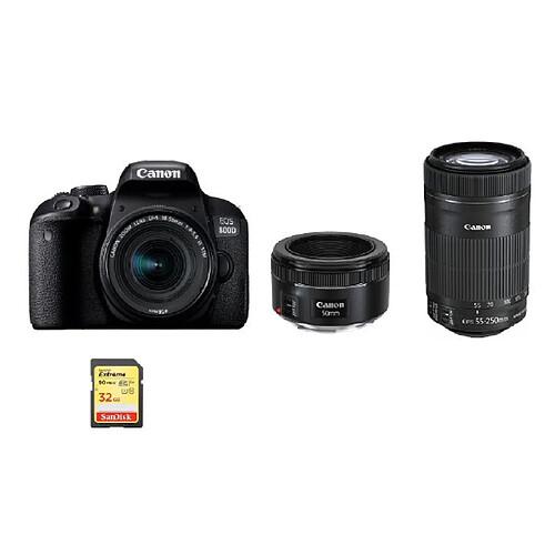 CANON EOS 800D KIT EF-S 18-55mm F4-5.6 IS STM+ EF-S 55-250mm F4-5.6 IS STM + EF 50mm F1.8 STM + 32GB SD card