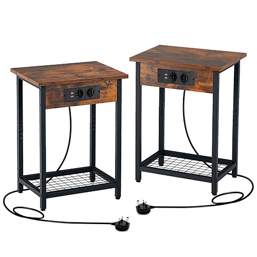 Helloshop26 Lot de 2 tables de chevet avec station de charge 2 tables d'appoint avec étagère ouverte table d'appoint à 2 niveaux avec cadre en métal ports usb café 20_0008774