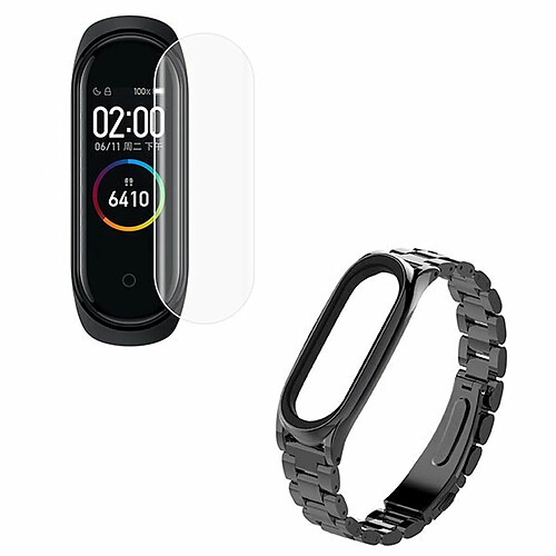 PHONECARE Kit Bracelet Lux Acier + Outil + Film Protecteur D'écran Gel Full Coque pour Amazfit Band 5 - Noir