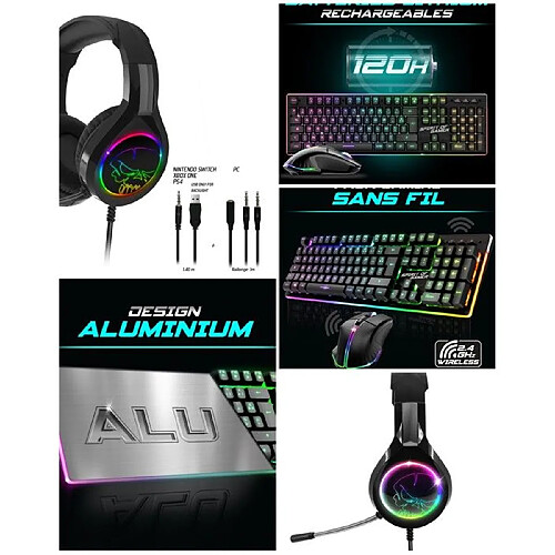 Spirit of Gamer CLAVIER semi mécanique Noir sans fil WIRELESS RGB PRO + SOURIS sans fil RF 2.4 GHz RGB Rainbow 4800dpi + Casque Gamer Multiplateform