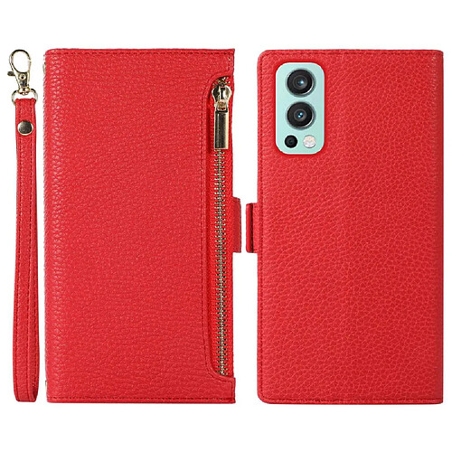 Etui en PU texture litchi, anti-rayures avec pochette à fermeture éclair et sangle pour votre OnePlus Nord 2 5G - rouge