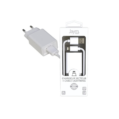 Jaym Pack Chargeur Secteur 1 USB 2.4A - 1,5 mètres + Câble USB vers Lightning S - Collection POP - Blanc