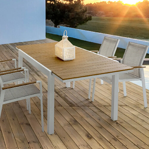 Mes Table de jardin extensible 140/200 cm en alu blanc et bois