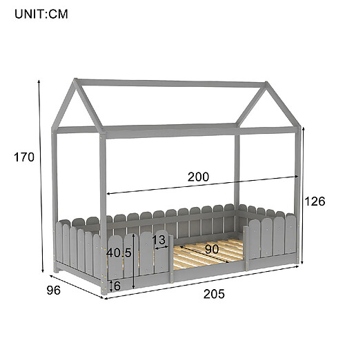 KOMHTOM Lit cabane enfant 90 x 200 cm - Bois pin massif Gris - Sommier inclus - Style scandinave