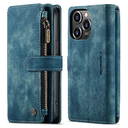 Caseme Etui en PU + TPU poche zippée avec support, antichoc bleu pour votre Apple iPhone 13 Pro 6.1 pouces