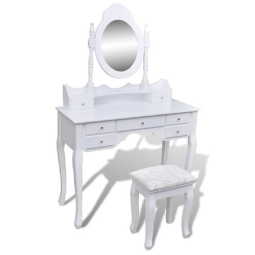 vidaXL Coiffeuse avec miroir et tabouret 7 tiroirs Blanc