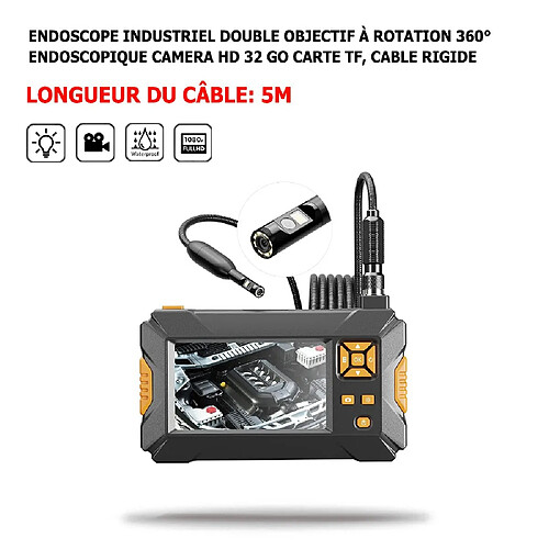 Endoscope Industriel Double Objectif à Rotation 360°, Cable Rigide Caméra 9 , LED, 32 Go Carte TF, HD 1080p, 16mm + 8mm/9mm + 8mm