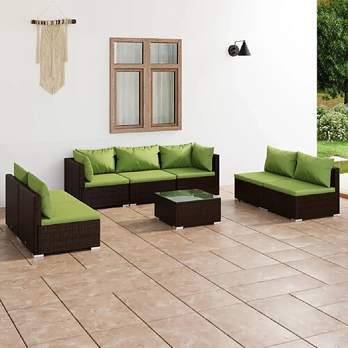 vidaXL Salon de jardin 8 pcs avec coussins Résine tressée Marron